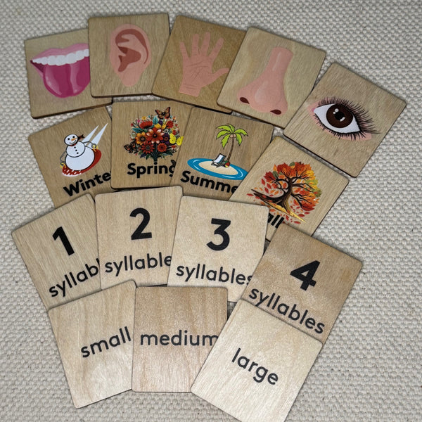 Wooden Language Labels, 4 Seasons, 5 Senses, Syllables, Small, Medium Large